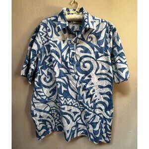 Go Barefoot Men's Blue White Short Sleeve Pullover Hawaiian Shirt Large Casual